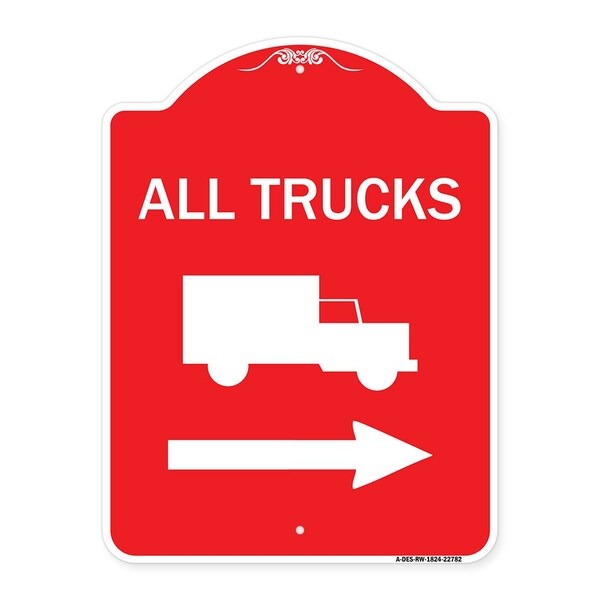 Trucks Sign All Trucks W/ Truck & Right Arrow, Red & White Aluminum Sign, 18" x 24", RW-1824-22782